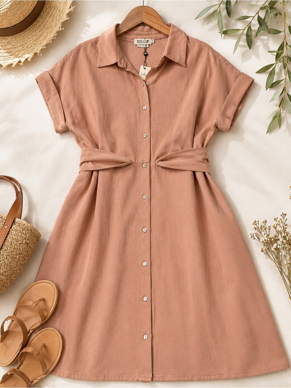 Molly Bracken Linen Blend Button-Front Tie Back Shirt Dress Blush Pink Medium